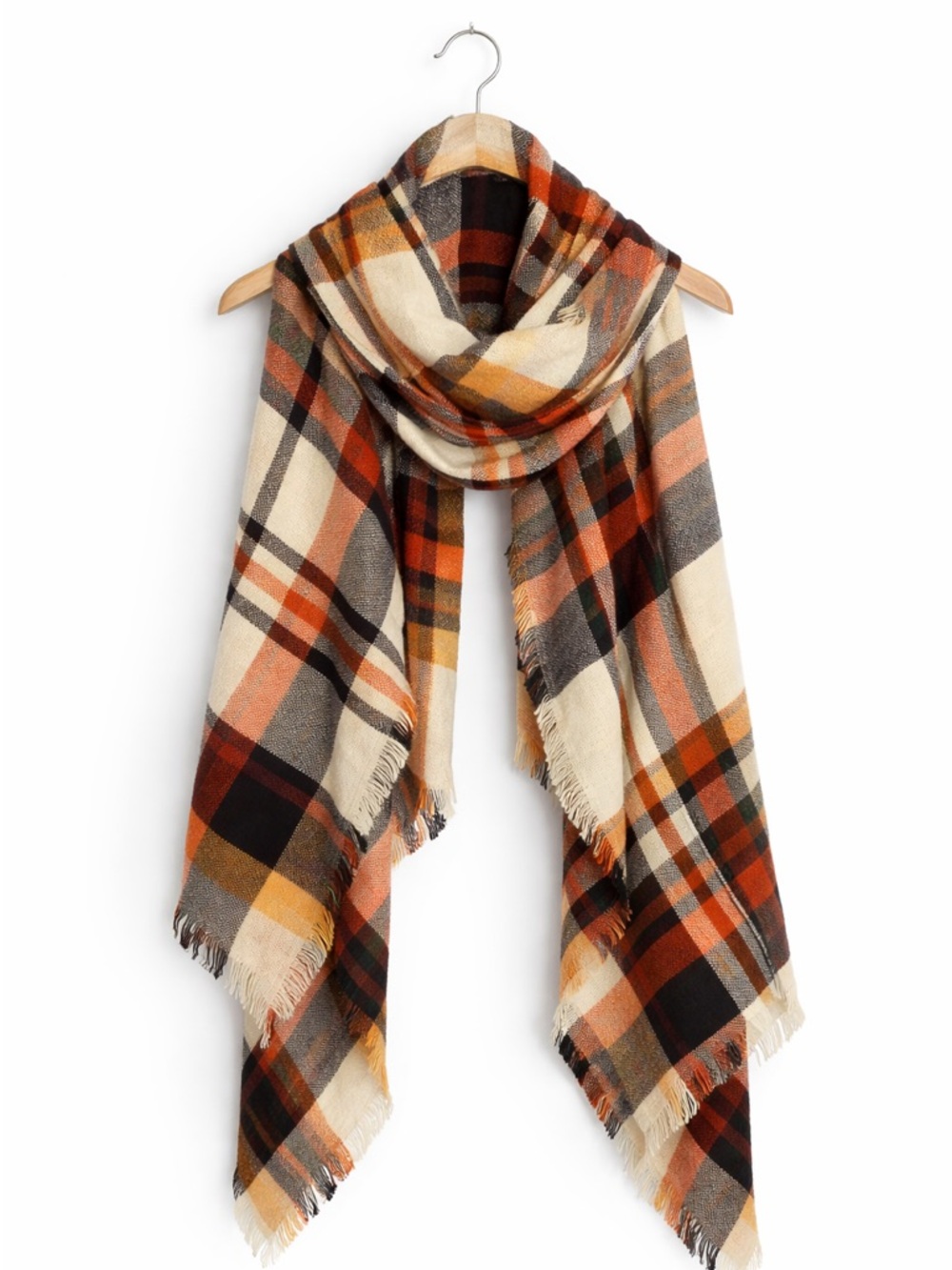 Oversized Plaid Blanket Scarf Fall Winter Fringe Wrap Cozy Shawl